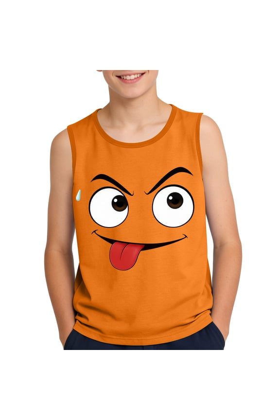 Girls Funny Face Tank Top Orange Sleeveless Soft Stretchy Graphic Tee Crewneck Kids Youth Summer Top,Size 14 T