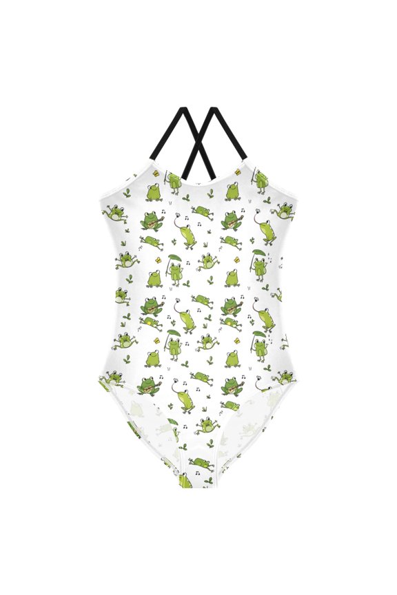 Girls Funny Frog Musical Print One Piece Swimsuit, Cross Back Spaghetti Strap Bathing Suit for Kids Summer Beach Pool Swimwear 5-6T