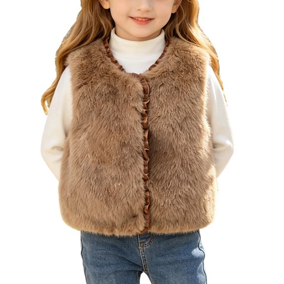 Girls Furry Fleece Sleeveless Waistcoat, Solid Leisure Warm Vest Coat, Lightweight Winter Layering Outerwear for Kids Daily Wear 10-11 Years