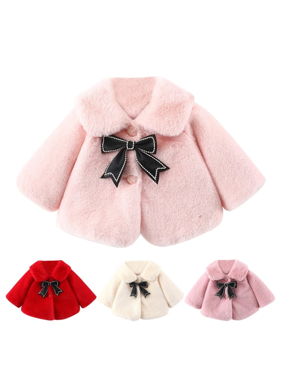Girls Fuzzy Faux Fur Jacket Bow Button Down Long Sleeve Winter Cozy Outerwear 12-18 Months Fall Fashion Clothes