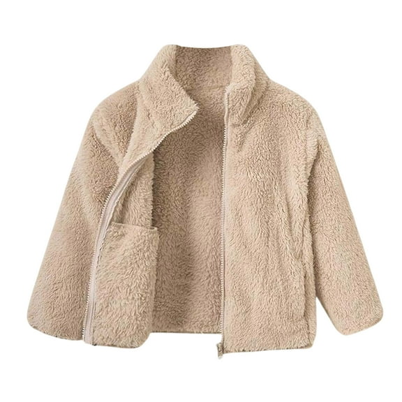Girls Fuzzy Fleece Jacket Casual Stand Collar Zip Up Sherpa Coat Fall Winter Lightweight Outerwear with Pocket 1-11 Years