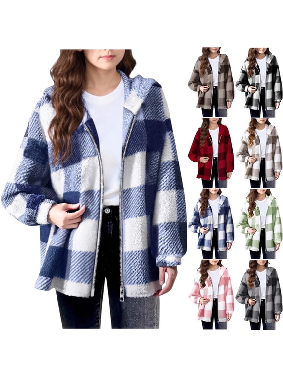 Girls Fuzzy Fleece Plaid Jacket Sherpa Full Zip Up Hooded Coats Casual Loose Winter Warm Outerwear with Pockets