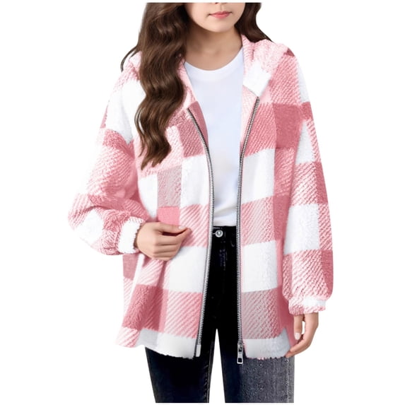 Girls Fuzzy Fleece Plaid Jacket Sherpa Full Zip Up Hooded Coats Casual Loose Winter Warm Outerwear with Pockets