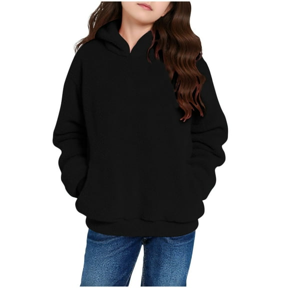 Girls Fuzzy Fleece Pullover Hoodies Sweatshirt Casual Loose Outwear Coat with Pockets Black 9-10 Years