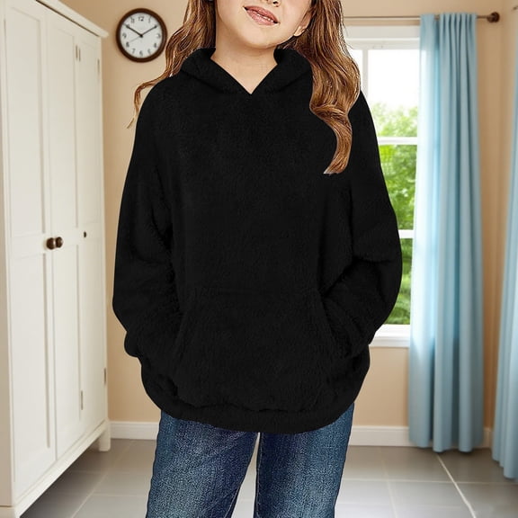 Girls Fuzzy Fleece Pullover Tops Casual Loose Winter Hoodies Sweatshirt Warm Outwear Coat with Pockets New Girls Long Sleeve Loose Pull on Tops Black 11 Years