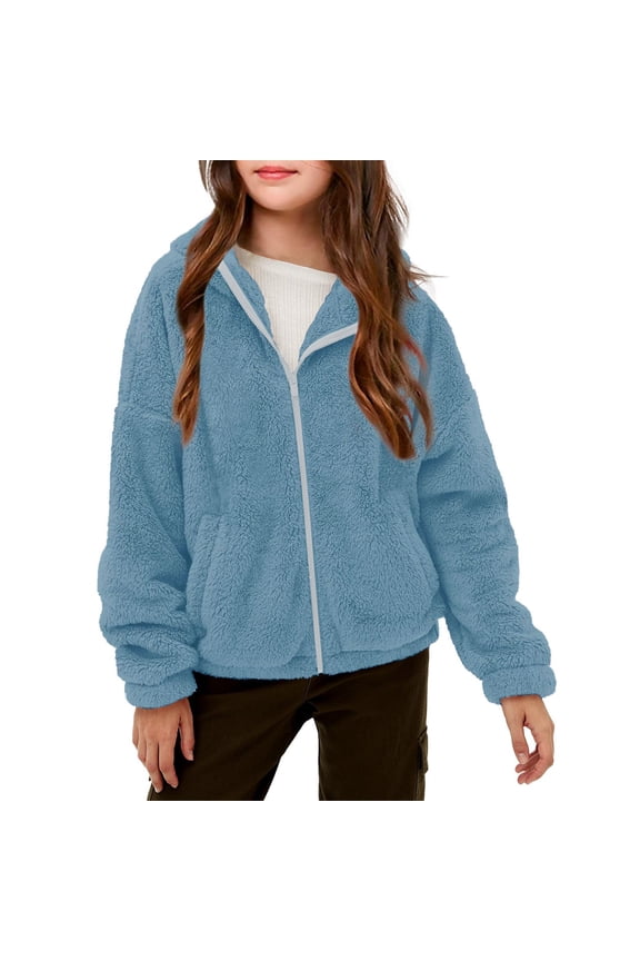Girls Fuzzy Fleece Sherpa Hoodies Jackets Full Zip up Solid Color Hooded Coat Long Sleeve Warm Winter Outerwear with Pockets 5-14 years
