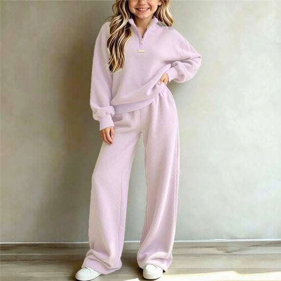 Girls Fuzzy Fleece Sweatsuits Kids Size 5-6 2 Piece Outfits Long Sleeve Half Zip Pullover Sweatshirt Top and Wide Leg Sweatpants Set Winter Warm Tracksuit Activewear