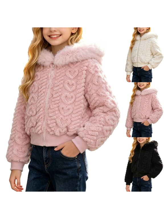 Girls Fuzzy Heart Hooded Jacket Zip up Fleece Coat Faux Plush Trim Warm Long Sleeve Winter Outerwear for 7-15 Years Old Kids Girls Pink