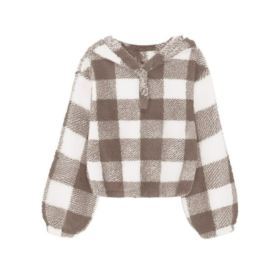 Girls Fuzzy Hooded Buffalo Plaid Jacket Solid Loose Button Casual Outwear Pullover Long Sleeves Comfy Kids Girls Christmas Sweatshirt for Little Girls 9-10 Years