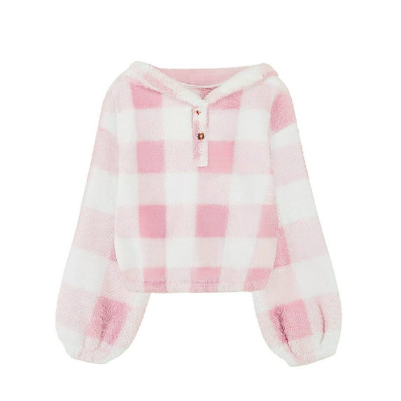 Girls Fuzzy Hooded Buffalo Plaid Top Solid Long Sleeves Warm Loose Button Pullover Oversized Kids Girls Christmas Sweatshirt for Girls 13-14 Years