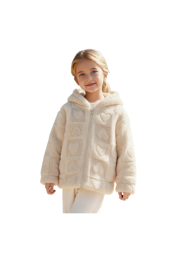 Girls' Fuzzy Hooded Jacket Fall Winter Full Zip Fleece Heart Pattern Coat Long Sleeve Warm Casual Outerwear