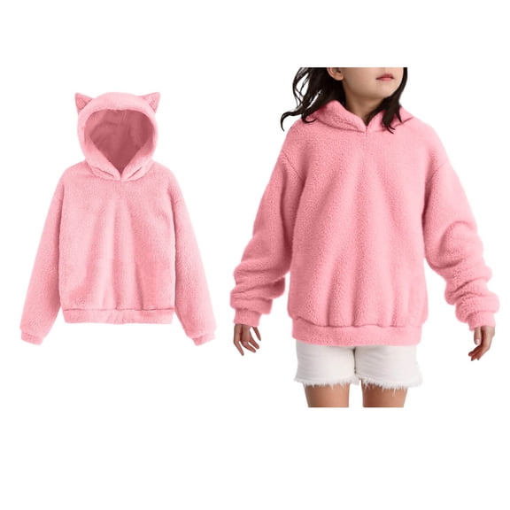 Girls Fuzzy Hoodie Long Sleeve Girls Pink Sweatshirt Casual Pullover with Pockets Hoodies Kids 5-6 Years