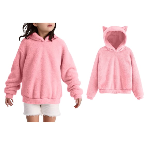 Girls Fuzzy Hoodie Long Sleeve Pink Hoodie Warm Loose Girls Pullover with Pockets Kids Hoodies Girls 5-6 Years