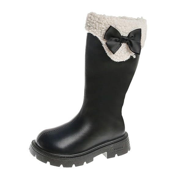 Girls Fuzzy Knee High Boots Kids Faux Furry Lined Boots Winter Warm Mid Calf Riding Booties for Toddler