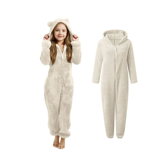 Girls Fuzzy Pajamas Jumpsuits Fuzzy Hooded Rompers with Bear Ear Zip Onesie Pajamas One-Piece Loungewear Kids Winter Clothes 5-6 Years