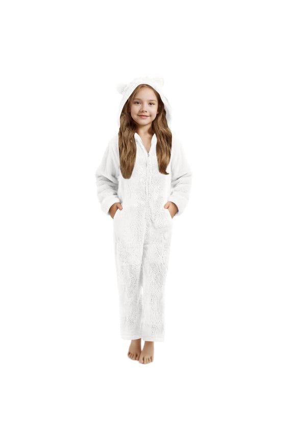 Girls Fuzzy Pajamas Onsie Bear Ear Hooded Jumpsuits Faux Fleece Front Zip Romper Playsuit Winter Sleep Homewear (9 Years, White)