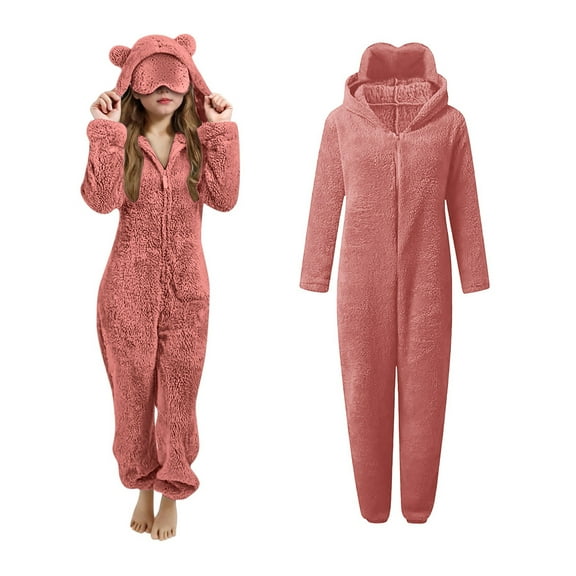 Girls Fuzzy Pajamas with Eye Mask Bear Hooded One-Piece Sleepwear Zip Onesie Pajamas One-Piece Loungewear Winter Kids Clothes 9-10 Years