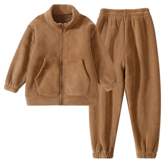 Girls Fuzzy Pants Set Fleece Outfits Winter Flannel Loose Fluffy Zip Up Sweatshirtwith Pocket Top Pants Sweatsuit,Color:Coffee,Size:12-24 Months