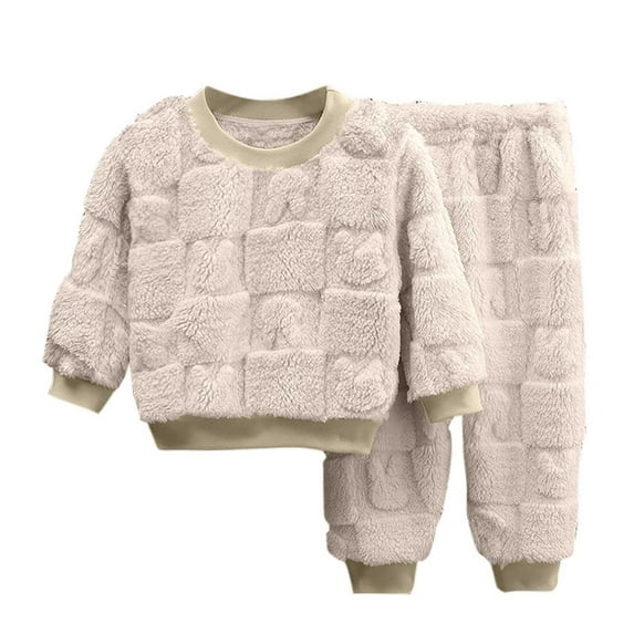 Girls Fuzzy Pants Set Warm Kids Shaggy Fleece Sweatshirt and Joggers Sets 2 Piece Winter Pajamas Outfits (5 Years, Beige)