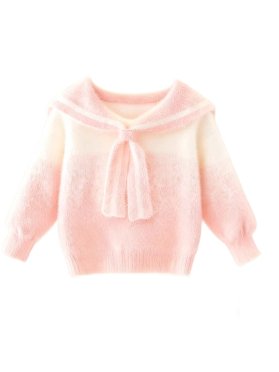 Girls Fuzzy Sweater Uniforms Sailor Collar Cute Sweaters Sweatshirts Long Sleeve Fluffy Knit Pullover Tops Beige, 2-3 Y