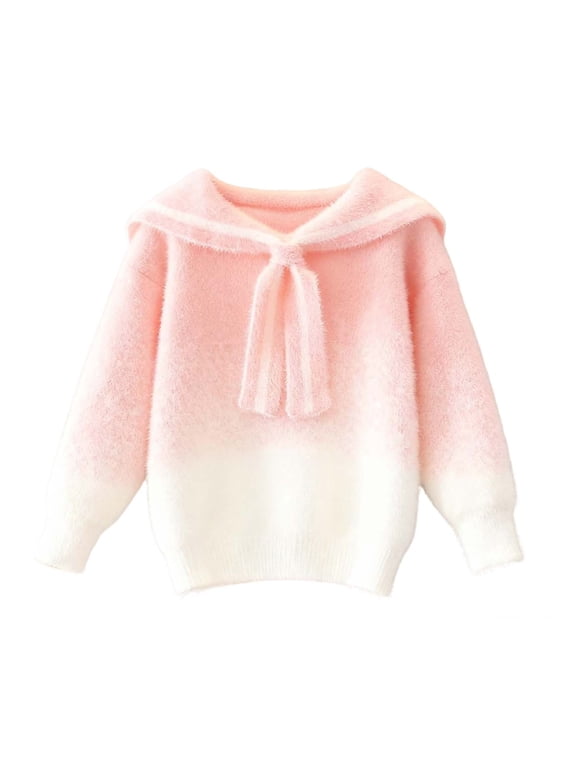 Girls Fuzzy Sweater Uniforms Sailor Collar Cute Sweaters Sweatshirts Long Sleeve Fluffy Knit Pullover Tops Pink, 2-3 Y
