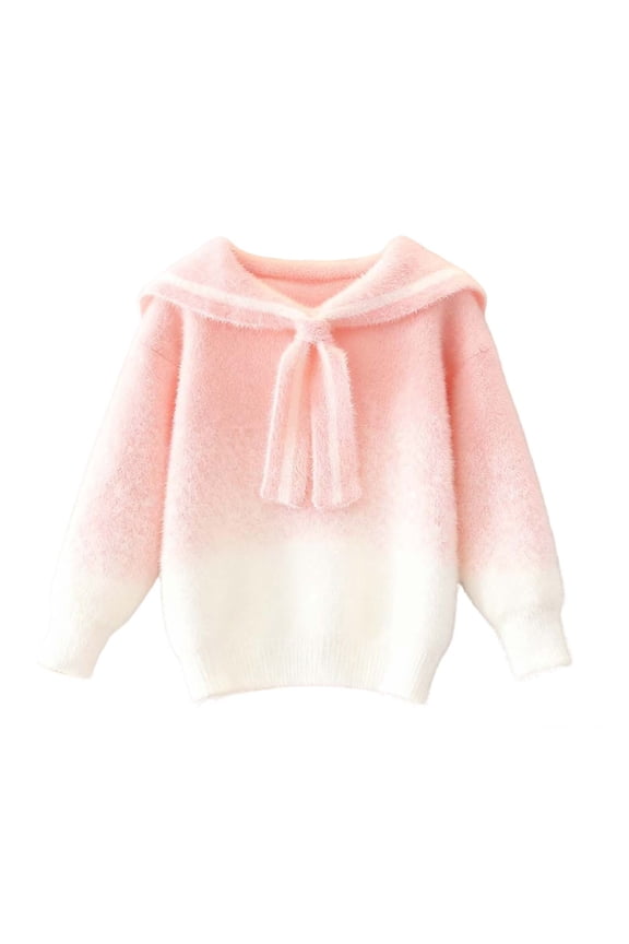 Girls Fuzzy Sweater Uniforms Sailor Collar Cute Sweaters Sweatshirts Long Sleeve Fluffy Knit Pullover Tops Pink, 7-8 Y