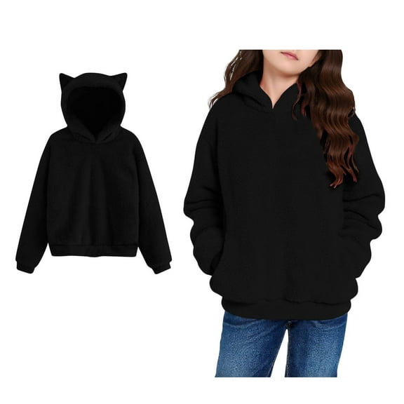 Girls Fuzzy Sweatshirt Long Sleeve Black Hoodie Casual Loose Pullover with Pockets Girl Winter Clothes 7-8 Years