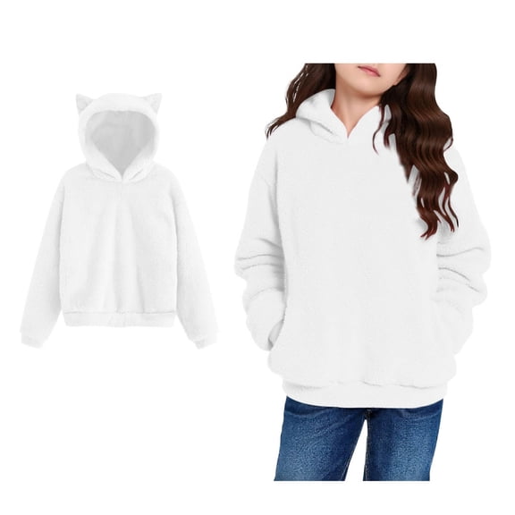 Girls Fuzzy Sweatshirt Long Sleeve White Hoodie for Girls Warm Loose Pullover with Pockets Little Girls Hoodies 7-8 Years
