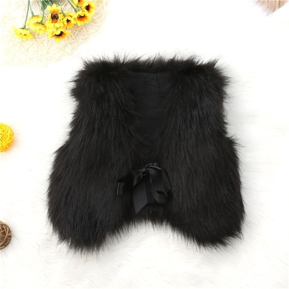 Girls Fuzzy Vest Coat Thick Sleeveless Kids Fleece Jacket Warm Tie-Up Shawl Cardigan Outwear for Casual Black 0M