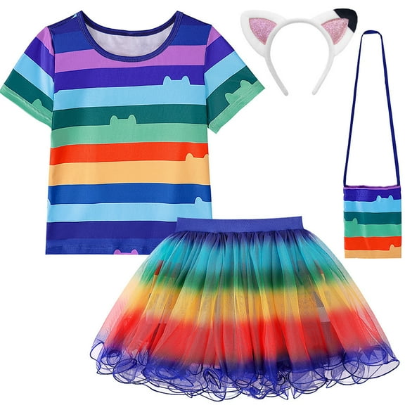 Girls Doll Cat T-shirt Skirt Sets Halloween Rainbow Costume Outfits 3-9Y
