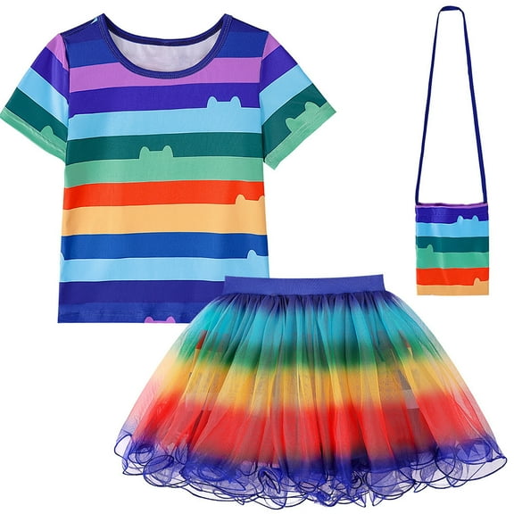 Girls Doll Cat T-shirt Skirt Sets Halloween Rainbow Costume Outfits 3-9Y