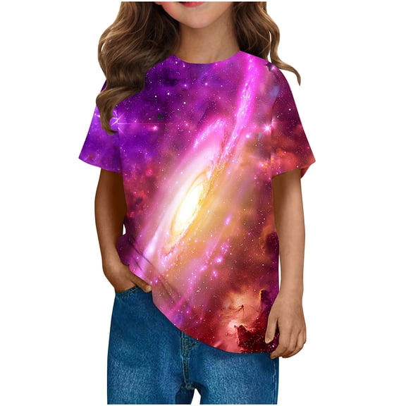 Girls Galaxies Tee Shirts Short Sleeve 3D Starry Sky Graphic Tees Fancy Crew Neck T-Shirts Back to School Clothes Hot Pink， 5 Years
