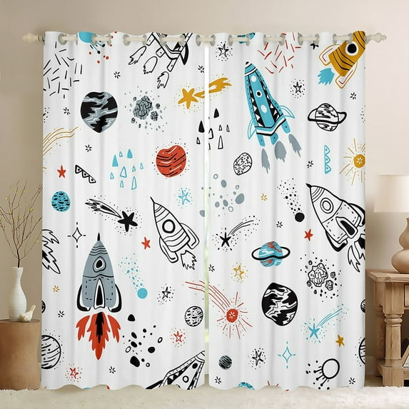 Galaxy Blackout Curtains Outer Space Curtains Universe Themed Window Curtains Cute Cartoon Rocket Print Bedroom Curtains Universe Decor for Teens Planet Curtains,2 Panels 42"Wx84"L