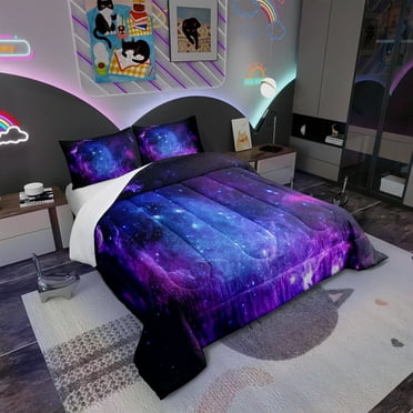 Galaxy Comforter Set Queen Bedroom Decor,Blue Purple Starry Sky Down Alternative,Space Universe Star Down Comforter, Cosmic Nebula Theme Quilted Duvet Teens Teenager Girly
