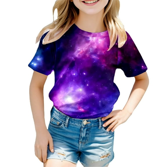 Girls Galaxy Shirt Glitter 3D Print Round Neck Short Sleeve Fashionable T-Shirt with Starry Sky Design for Carnival , Size 12 Years