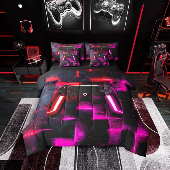 Gamer Bedding Twin Size 7-Piece Modern Neon Grid Comforter Set, Black Pink Red Bedding Comforter Sets Gaming Video Game Theme Bed in a Bag, Contemporary Glowing Square Bedding Accessories