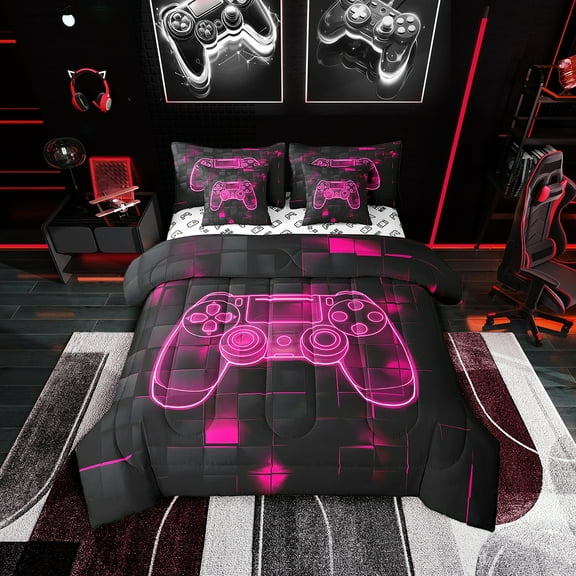 Gamer Comforter Set Twin Video Game Gaming 7 Piece Bed In A Bag Hot Pink Black Gamepad Bedding Set With Comforter, Sheets, Pillowcase & Covers Geometric Grid Bed Set