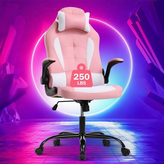 Girls' Gaming Chair Adjustable Leather Reclining Video Computer Chair with Flip Up Arms Headrest, Ergonomic Rolling Swivel Home Office Desk Chair, Pink