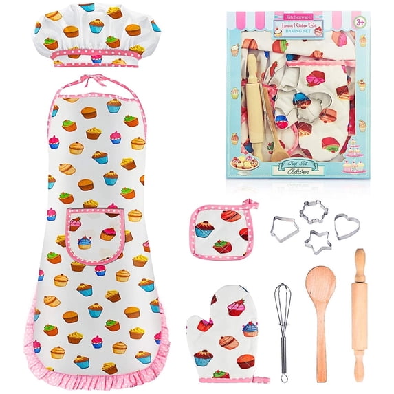 TiokMc Kids Cooking Set, 11 Piece Chef Role Play Baking Kit for Ages 3-8, Apron, Chef Hat, Oven Mitt, Utensils & Cookie Cutters, Pretend Kitchen Toy Gift, White