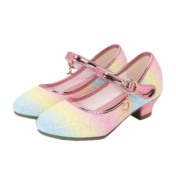 Girls Giltter Dress Shoes Fashion Sequin Mary Jane Shoes Comfortable Mids Heel Princess Shoes for Toddler Kids