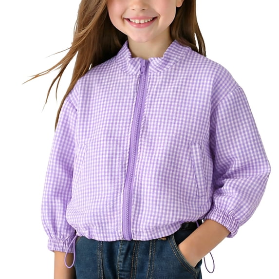 Girls Gingham Print Lightweight Jacket Zip Up Bomber Windbreaker for Kids Spring Fall Casual Outerwear Purple,Size 1-2T