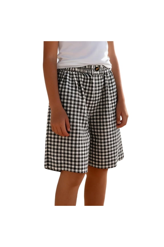 Girls Gingham Shorts Cotton Linen Blend High Waisted Elastic Waistband Breathable Summer Shorts with Pockets Black,Size 9 T