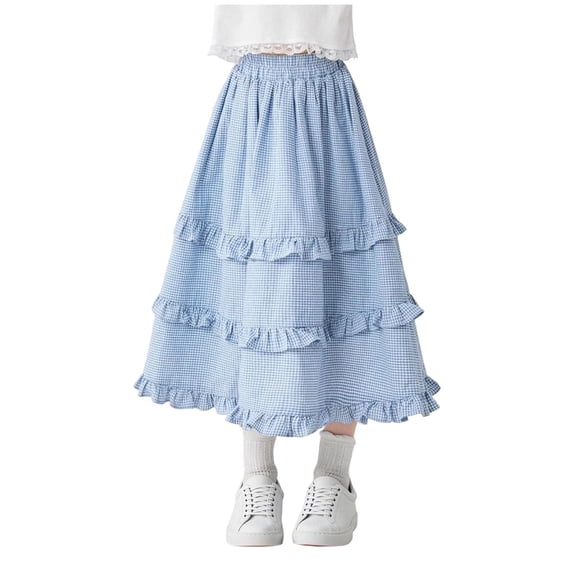 Girls Gingham Tiered Ruffle Midi Skirt - Blue Checkered A-Line Skirt with Elastic Waist for Kids 7-16 Years,Size 13-14 T