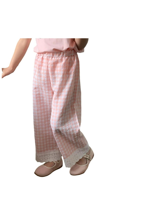Girls Gingham Wide Leg Pants Elastic High Waist Drawstring Waist Loose Long Pants Plaid Print 5-14 Years Cotton Plaid Pants Y2K Vintage Steetwear Elastic High Waist Wide Leg Pants Trendy Holiday
