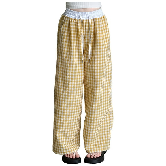 Girls Gingham Wide Leg Pants Elastic High Waist Drawstring Waist Loose Long Pants Plaid Print 5-14 Years Tween Girls Trendy Clothes Dressy Girls Wide Leg Pants Size 14-16 Cute Clothes For School