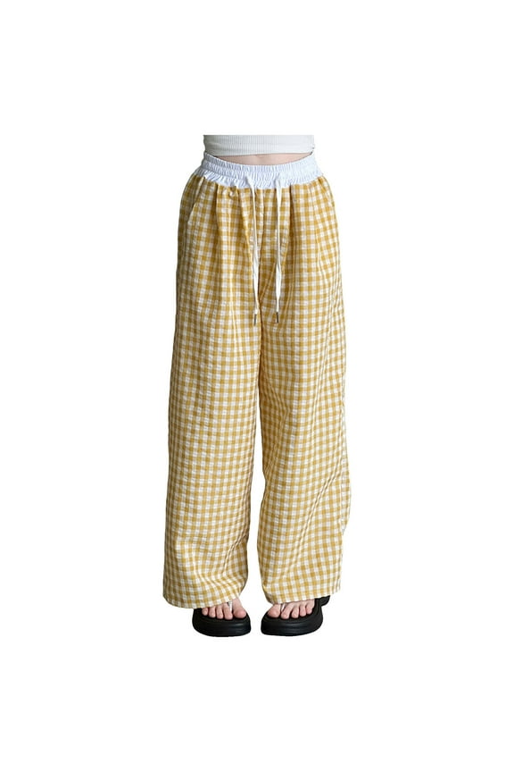 Girls Gingham Wide Leg Pants Elastic High Waist Drawstring Waist Loose Long Pants Plaid Print 5-14 Years Tween Girls Trendy Clothes Dressy Girls Wide Leg Pants Size 14-16 Cute Clothes For School