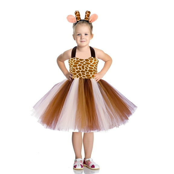 Girls Giraffe Costume Halloween Tutu Dress Animal Outfits Party with Ears Headband Bowtie Tail