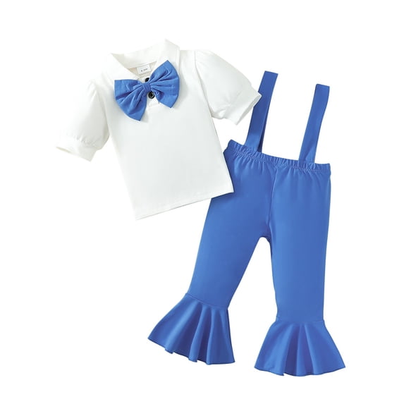 Girls Girls Spring Summer Gentleman Short Sleeve Back With Flared Pant Suit Girls Sleeve Bow Tie Top Casual Pants