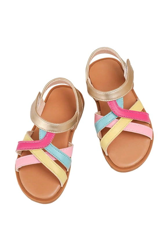 Girls Gladiator Sandals Color Block Strappy Casual Beach Shoes Open Toe Princess Dress Flat Shoes Pink 13.5 Little Kid