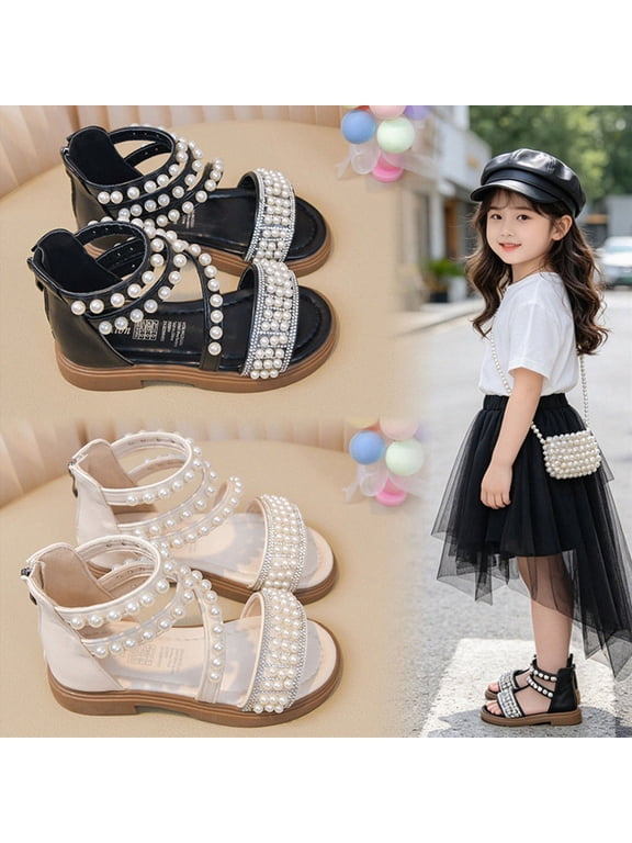 Girls Gladiator Sandals Kids Rhinestone Pearl Cute Strappy Flat Slip on with Back Zipper Comfortable Summer Glitter Dress Shoes Black Size 1.5 Big Kid